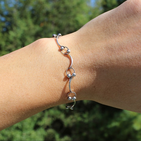 Vintage Sterling Silver Ball Bead Curved Link Bracelet Dancing Beads - Picture 6 of 6